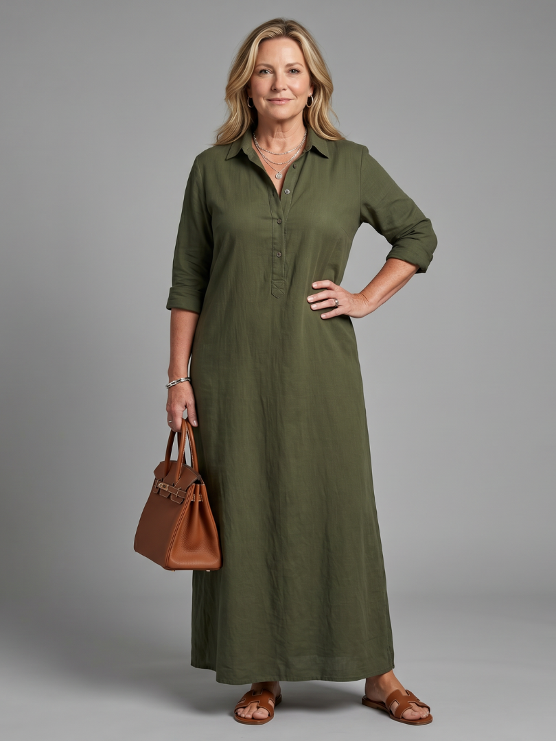 Hilde | Maxi-jurk in olijfgroen met linnenlook