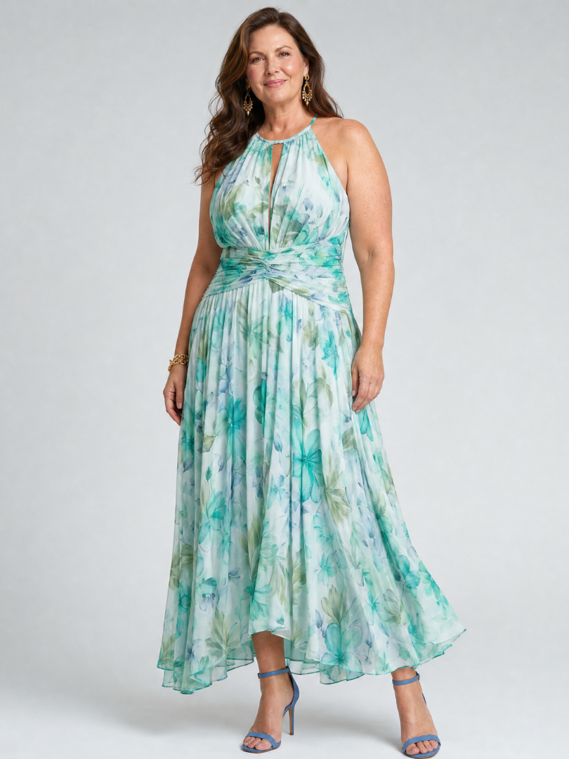 Judith | Midi-jurk met aquarelbloemen in mint
