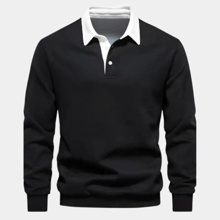 Justus | Marineblauwe polo met lange mouwen en ribboorden