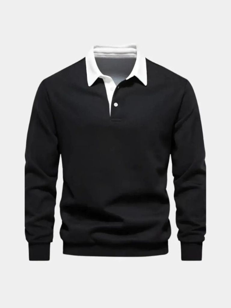Justus | Marineblauwe polo met lange mouwen en ribboorden