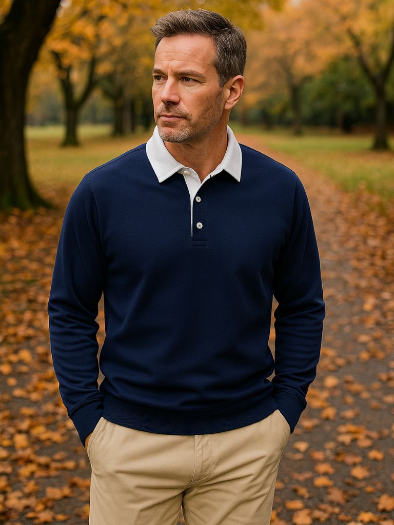 Justus | Marineblauwe polo met lange mouwen en ribboorden