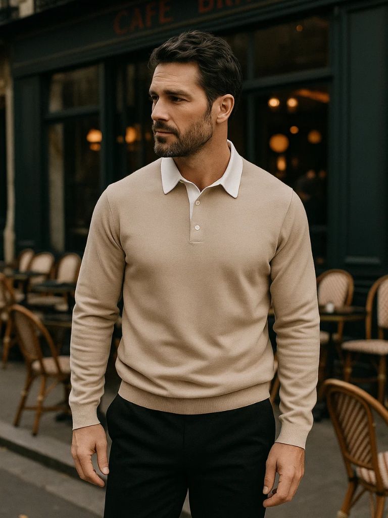 Justus | Marineblauwe polo met lange mouwen en ribboorden
