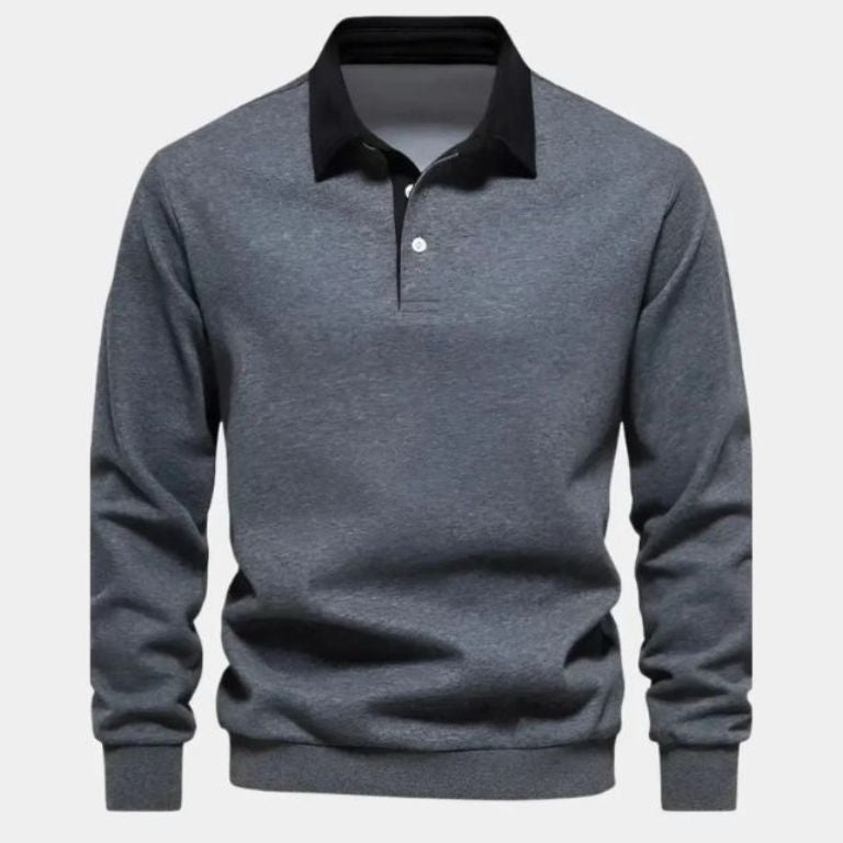 Justus | Marineblauwe polo met lange mouwen en ribboorden