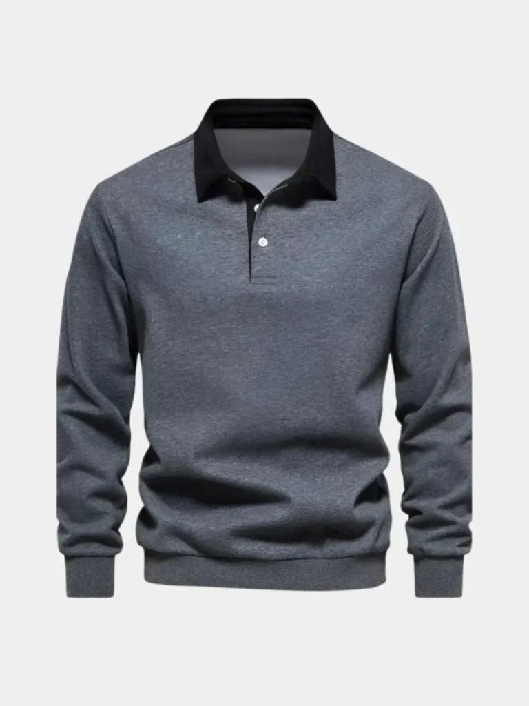 Justus | Marineblauwe polo met lange mouwen en ribboorden