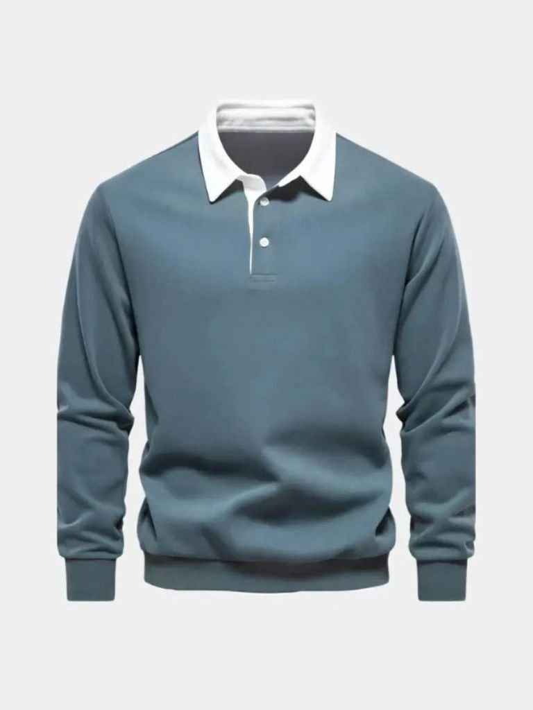 Justus | Marineblauwe polo met lange mouwen en ribboorden