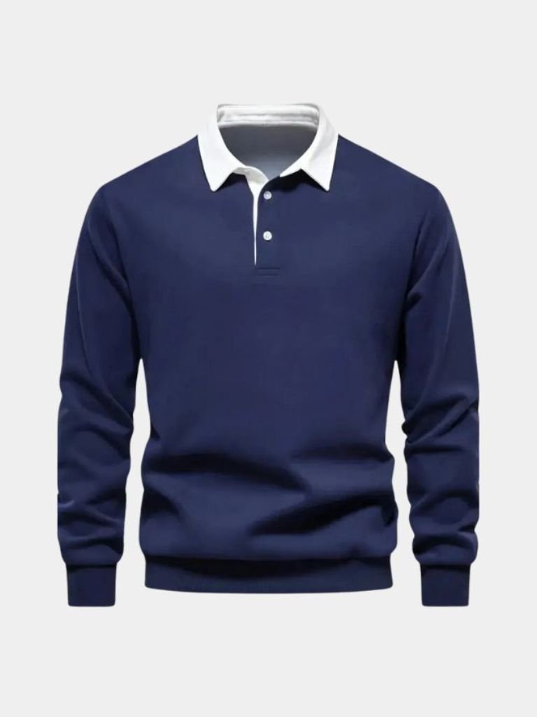 Justus | Marineblauwe polo met lange mouwen en ribboorden