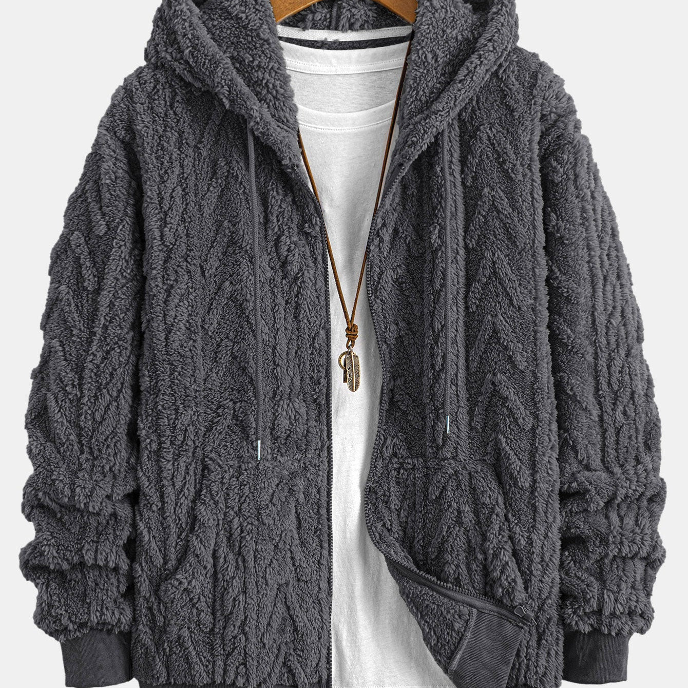 Klaas | Teddyhoodie met geometrisch jacquarddessin en ritssluiting