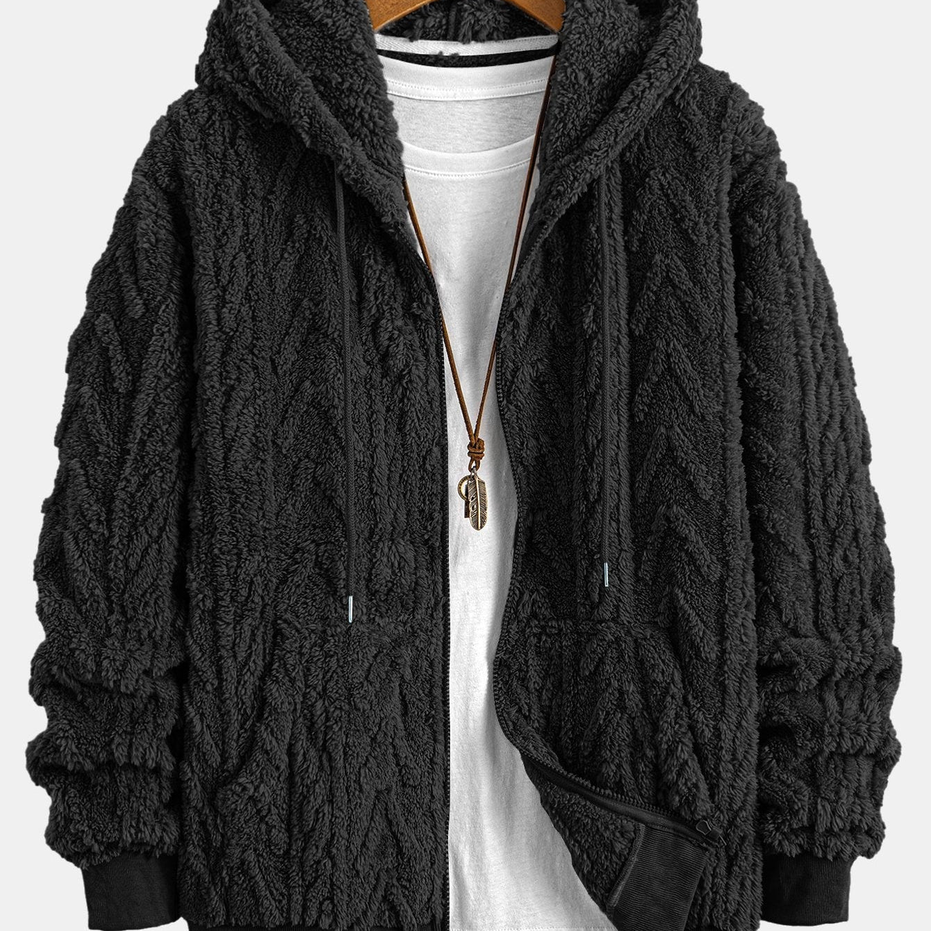 Klaas | Teddyhoodie met geometrisch jacquarddessin en ritssluiting