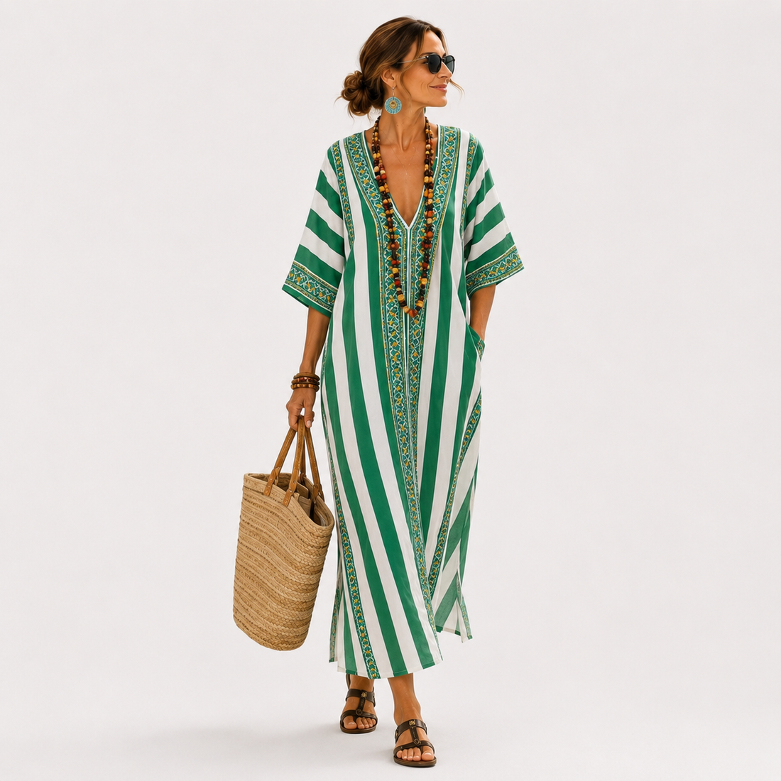 Lyda | Groene kaftan met strepen