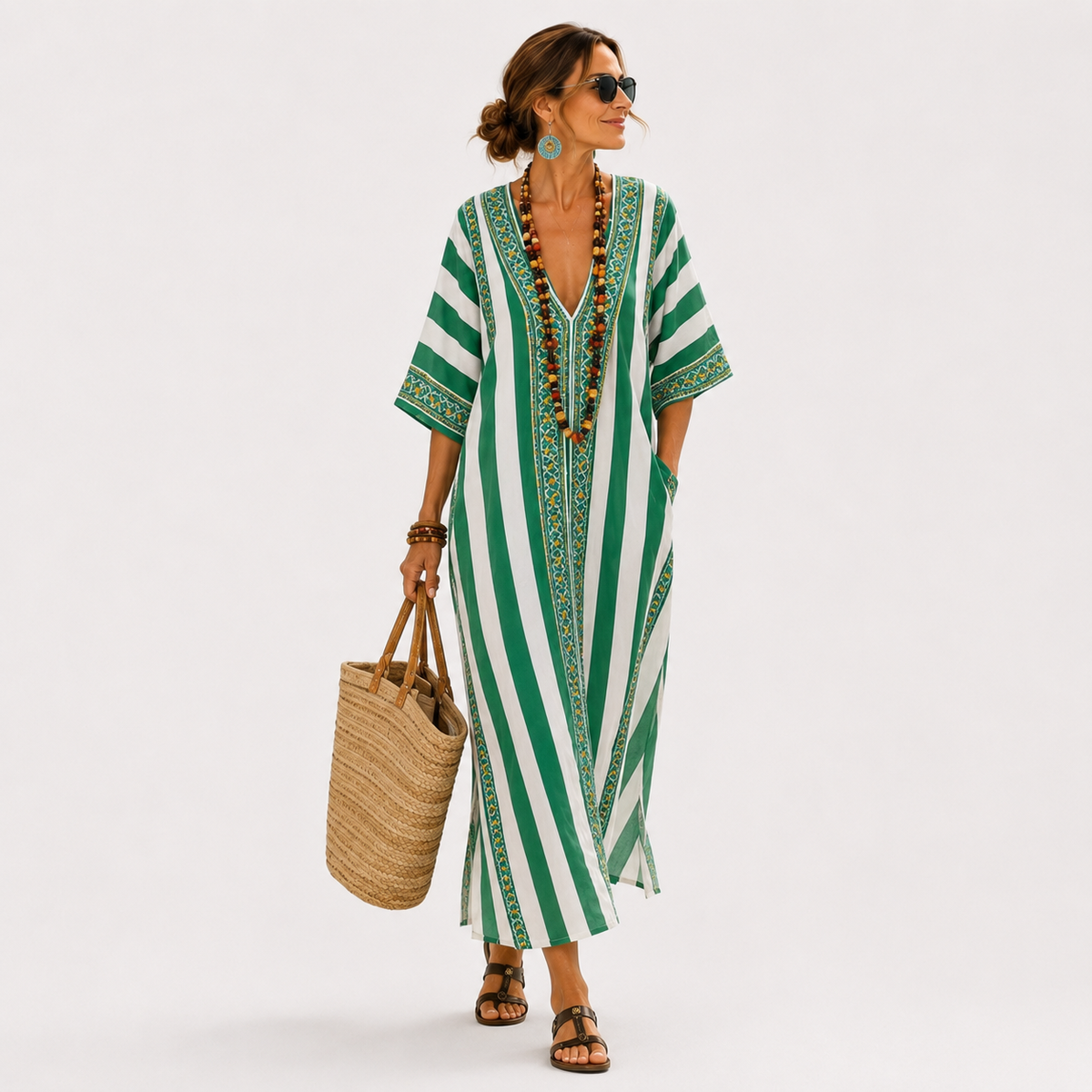 Lyda | Groene kaftan met strepen