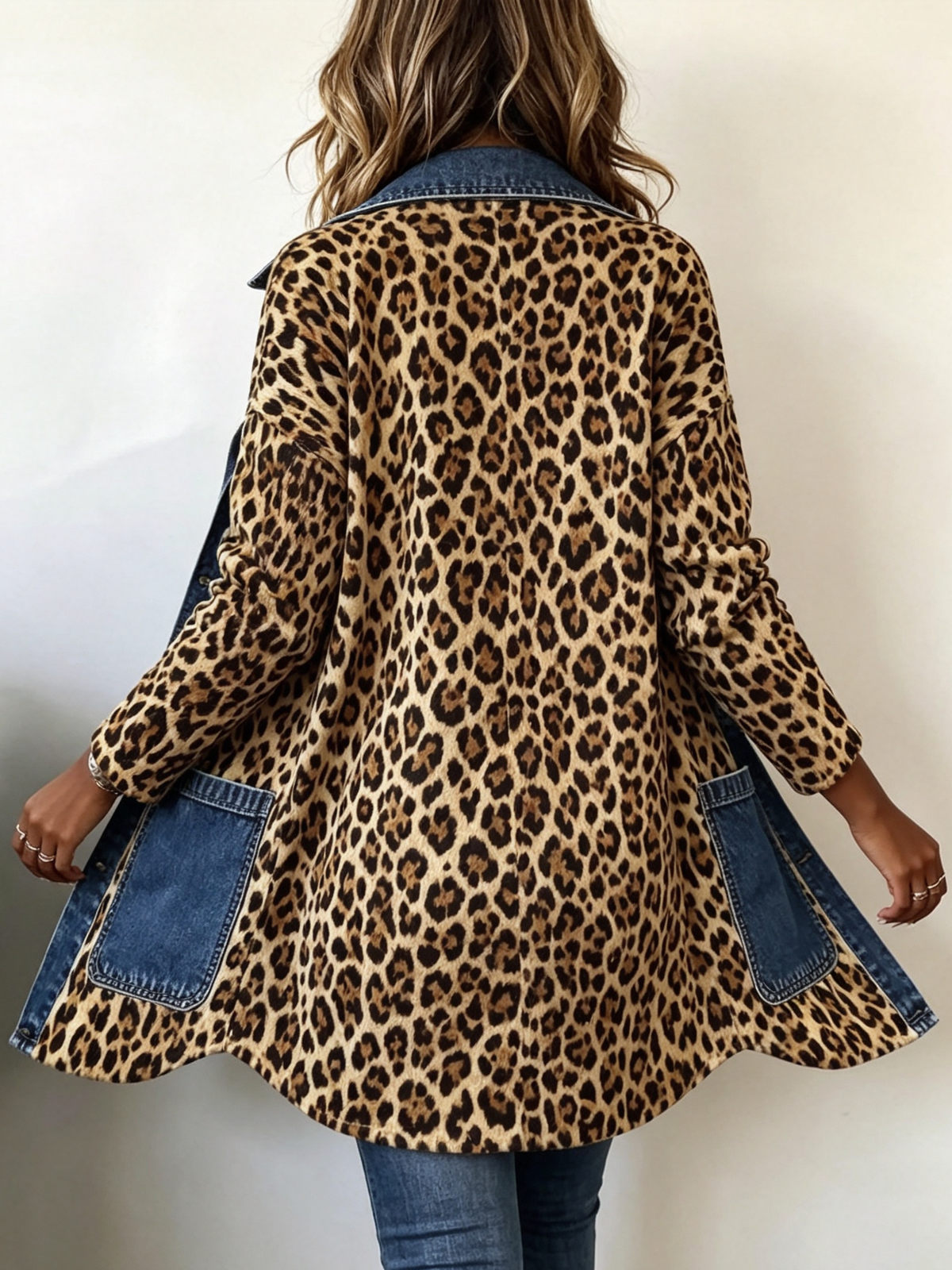 Marieke | Lange contrastjas met luipaardprint en denimdetails