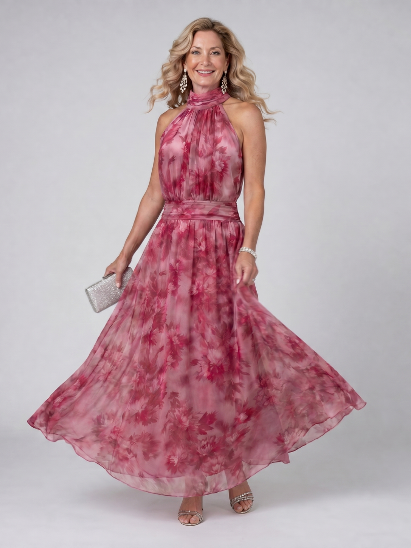 Marjolein | Midi-jurk met bloemenprint in bessenrood