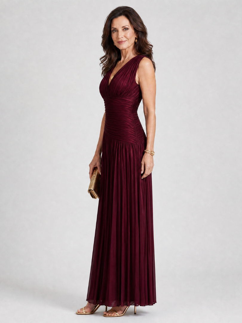 Nathalie | Plissé maxi-jurk in bordeaux