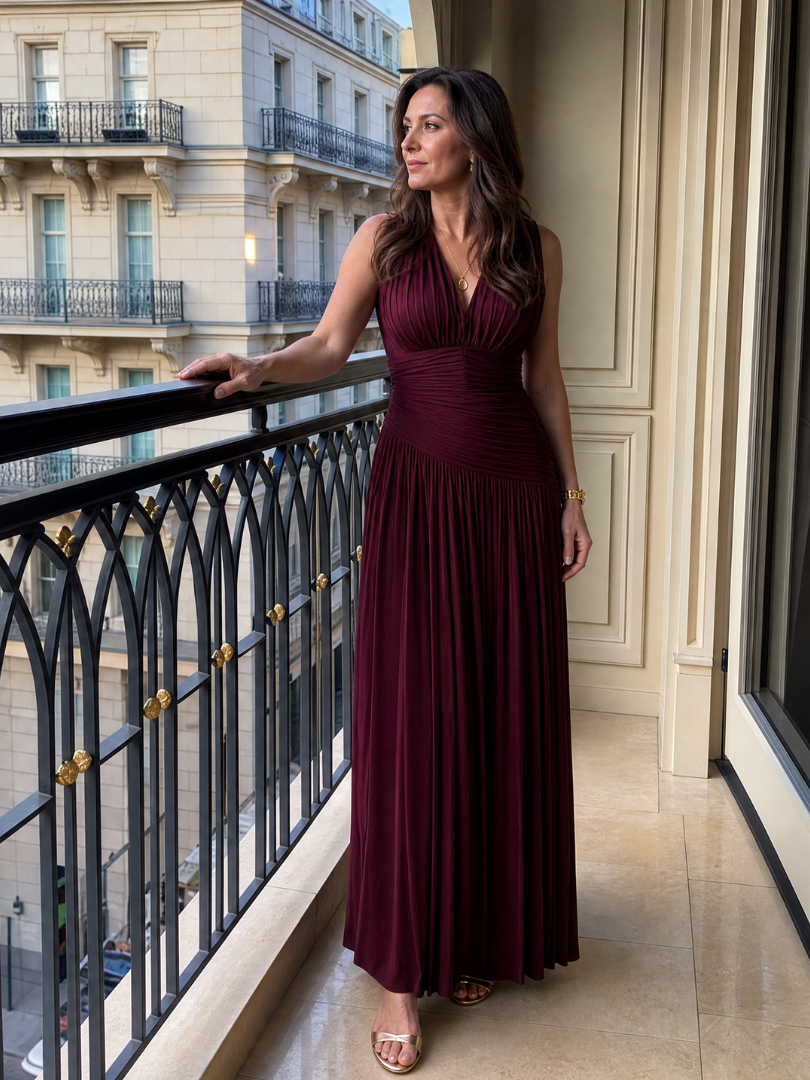 Nathalie | Plissé maxi-jurk in bordeaux
