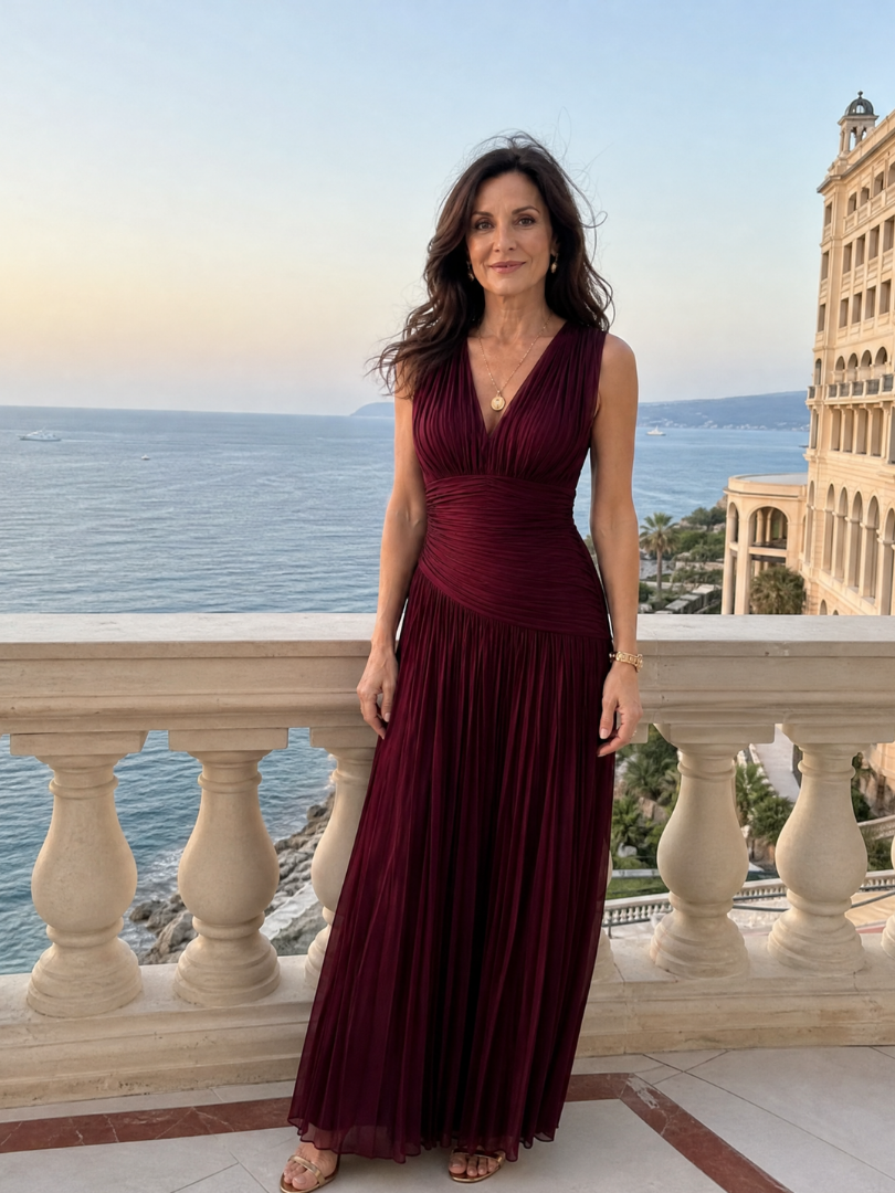 Nathalie | Plissé maxi-jurk in bordeaux
