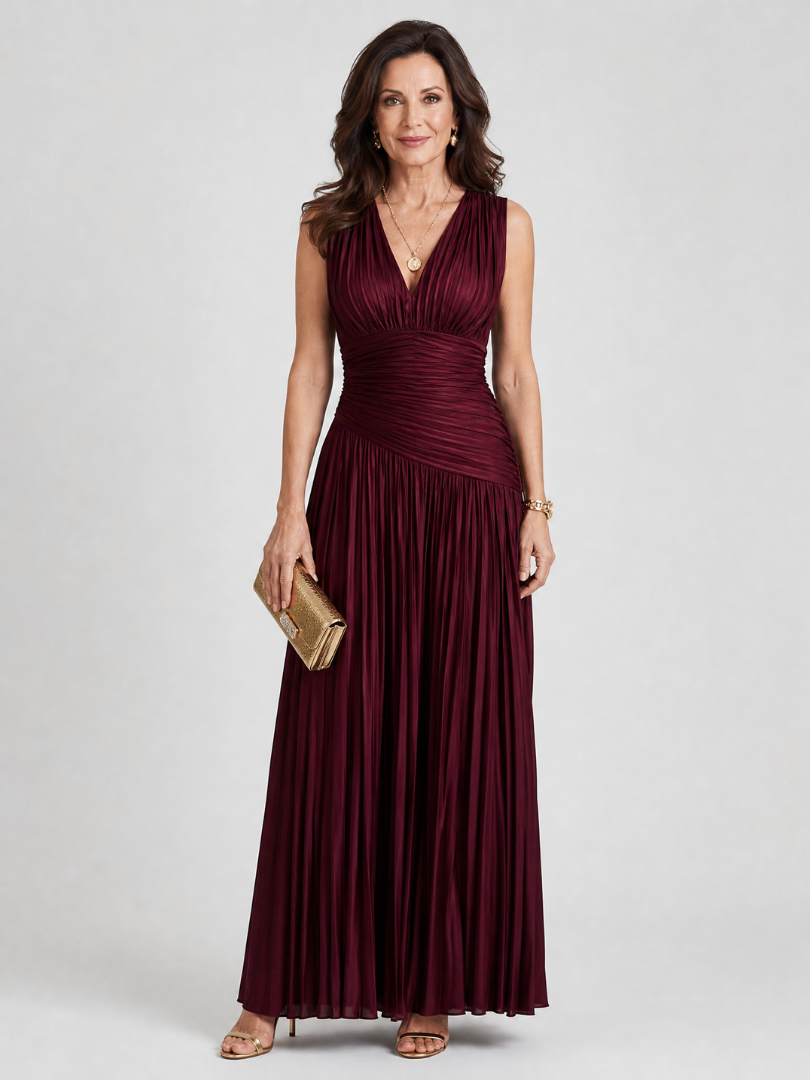 Nathalie | Plissé maxi-jurk in bordeaux