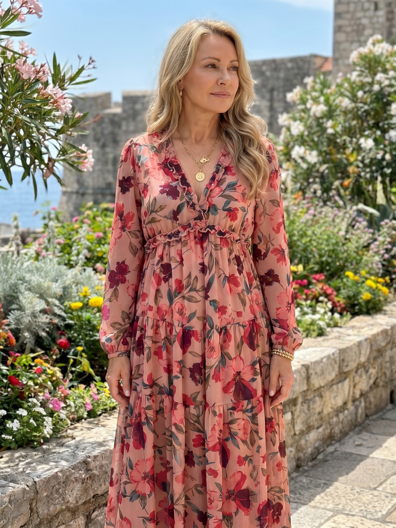 Nelleke | Maxi-jurk met bloemenprint in koraal
