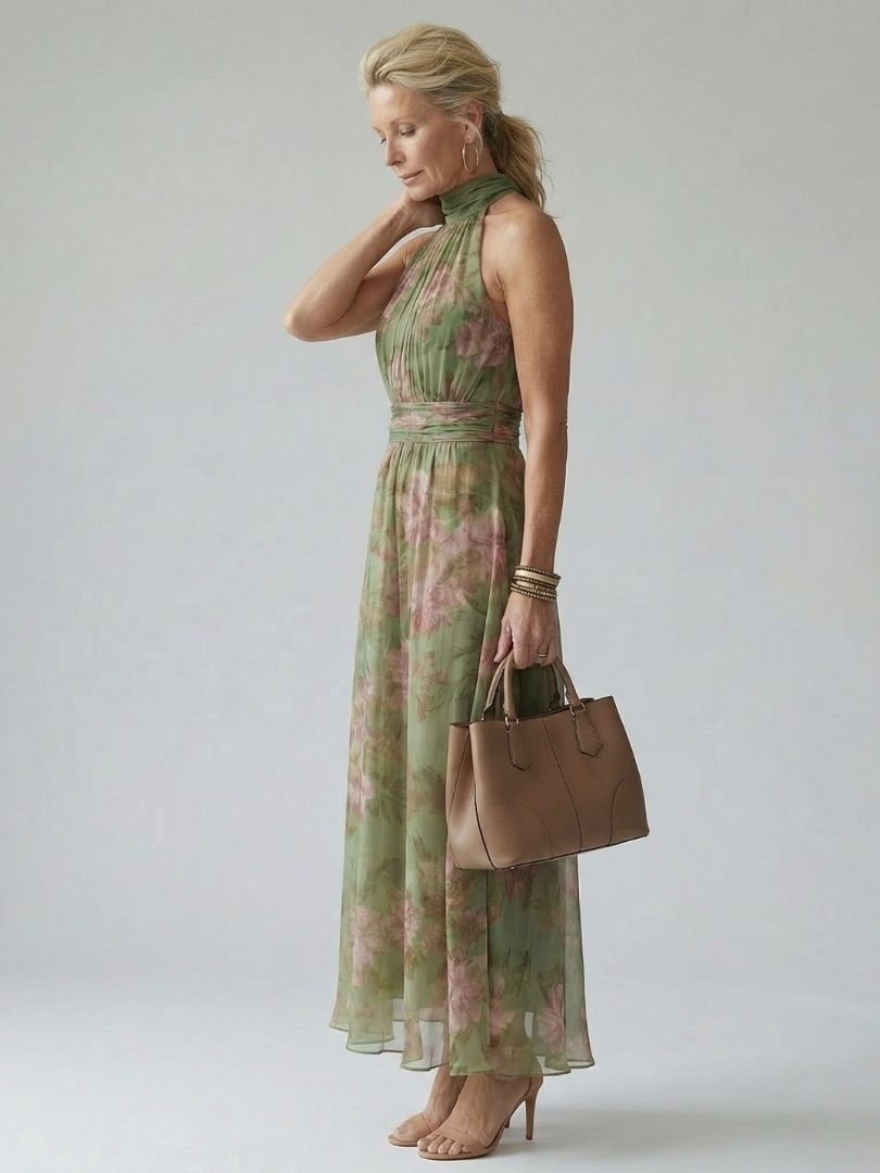 Nicole | Midi-jurk met rozenprint op saliegroen