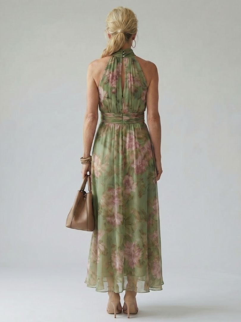 Nicole | Midi-jurk met rozenprint op saliegroen