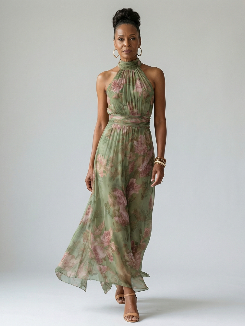 Nicole | Midi-jurk met rozenprint op saliegroen