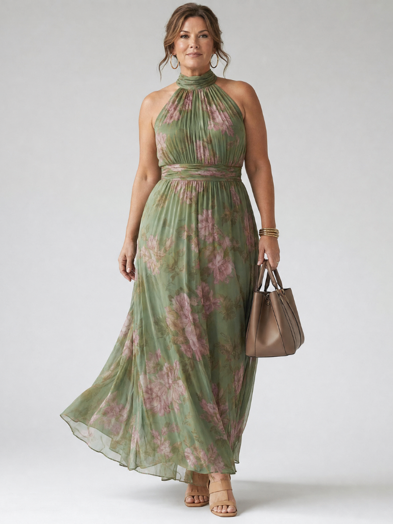 Nicole | Midi-jurk met rozenprint op saliegroen