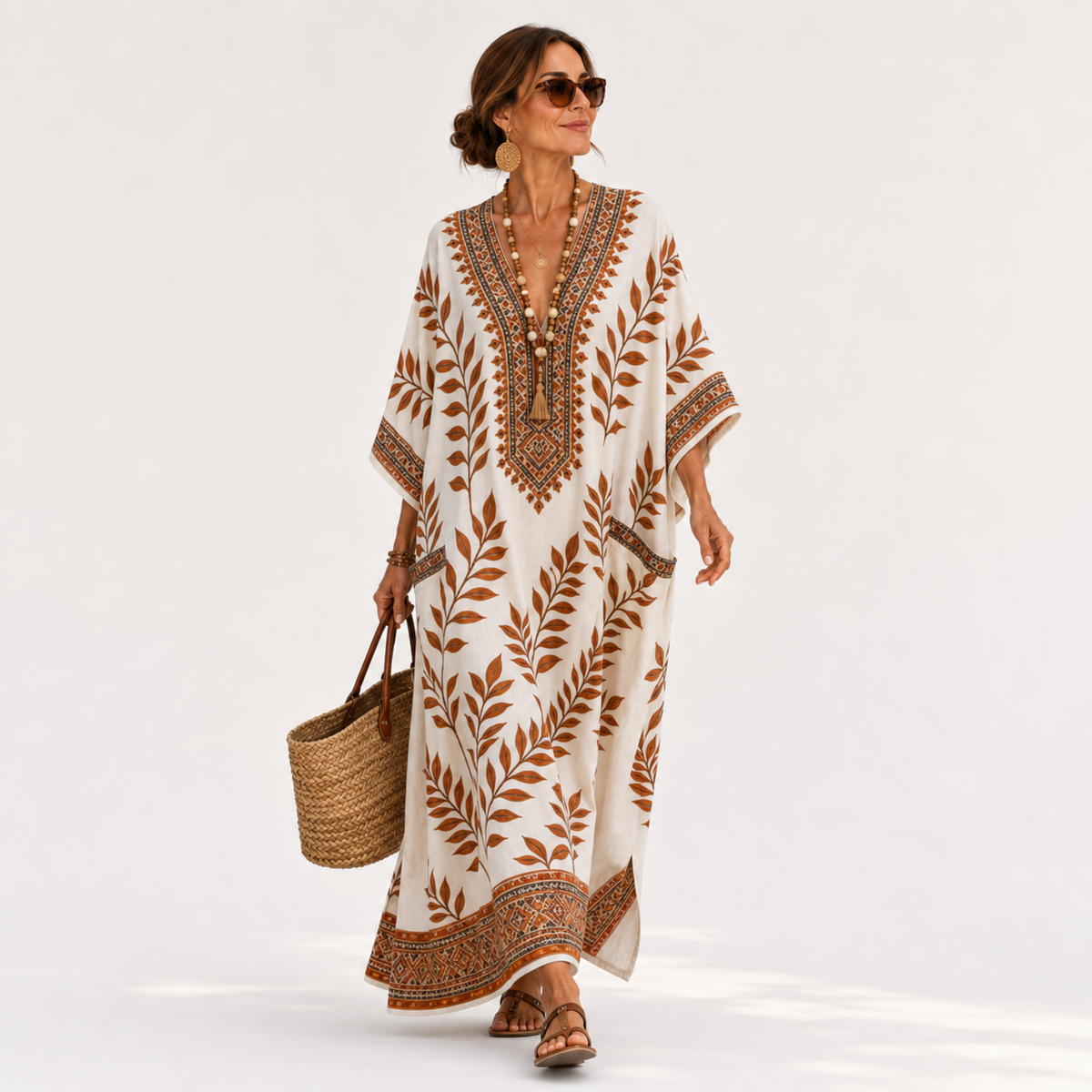 Nynke | Crèmekleurige kaftan met botanisch motief