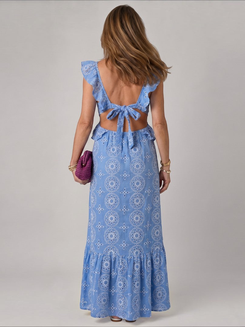 Riet | Maxi-jurk in blauw met broderie