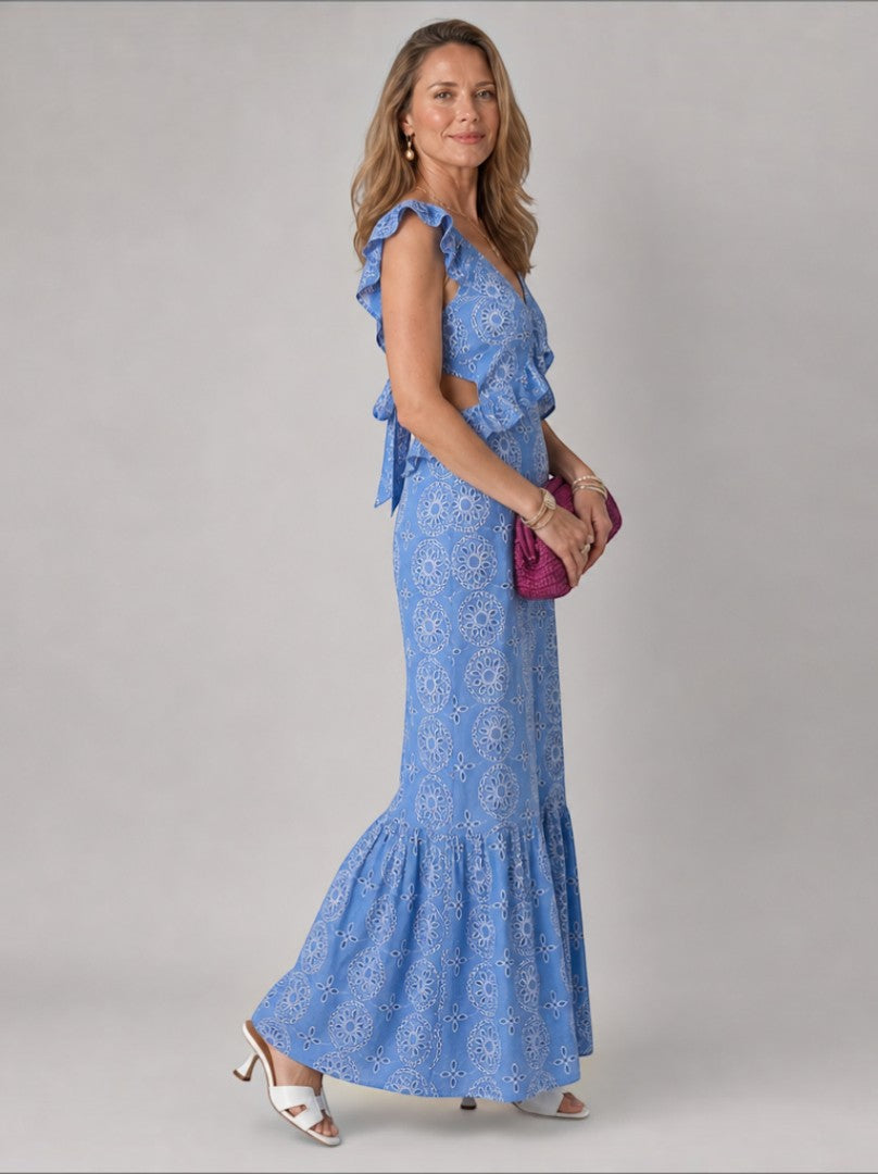 Riet | Maxi-jurk in blauw met broderie