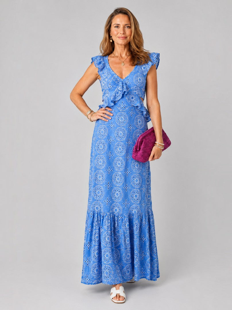 Riet | Maxi-jurk in blauw met broderie