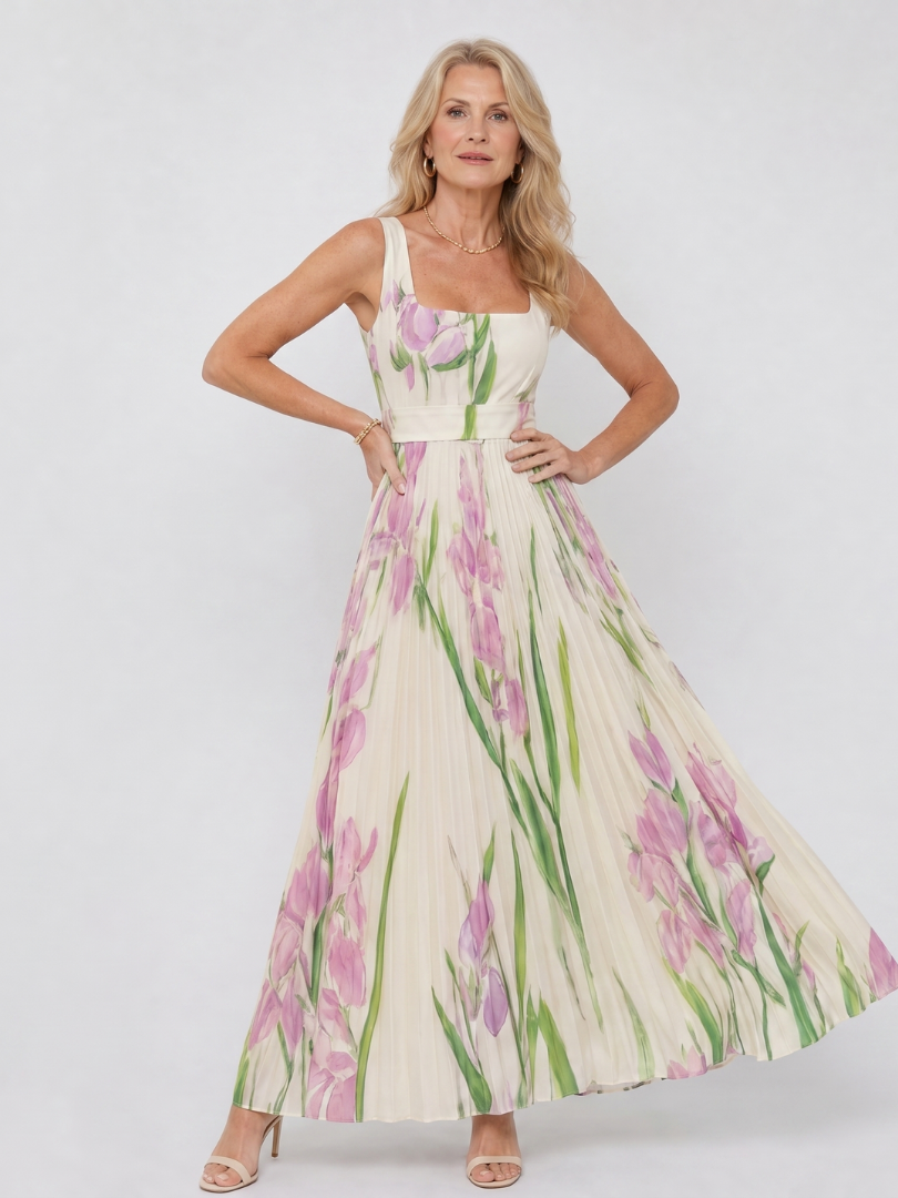 Rita | Plissé-jurk met tulpenprint