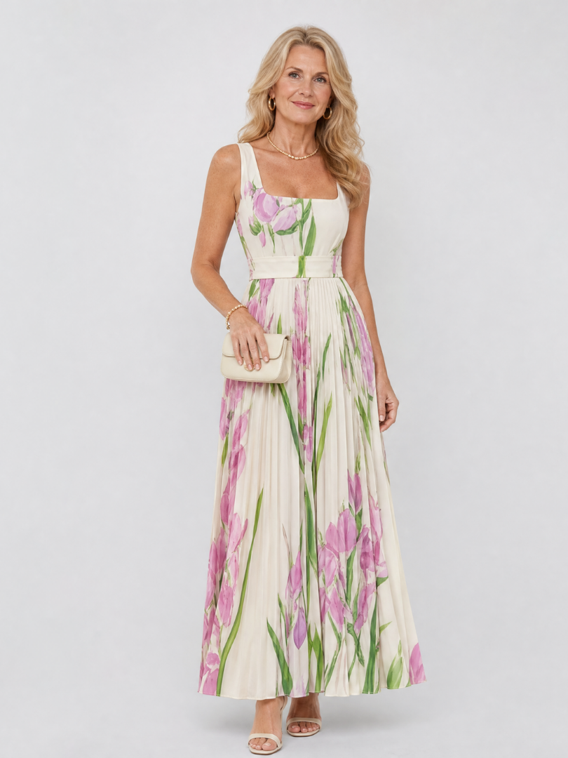 Rita | Plissé-jurk met tulpenprint