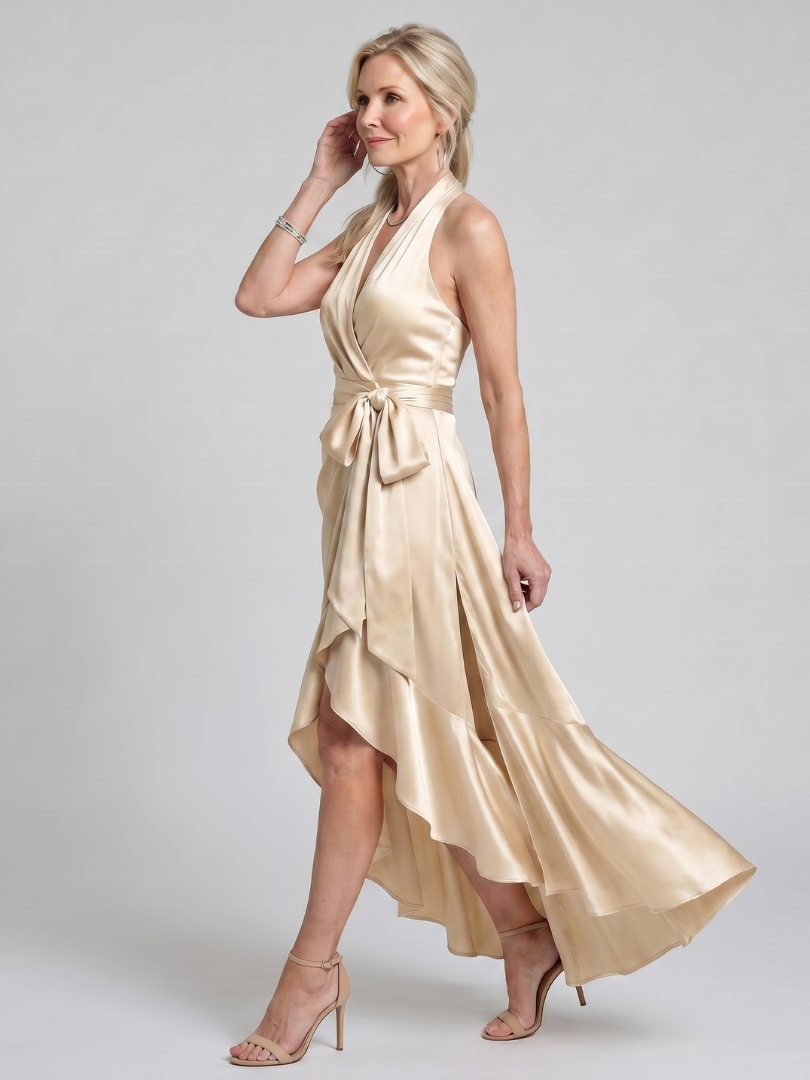 Sabine | Satijnen wikkeljurk in champagne