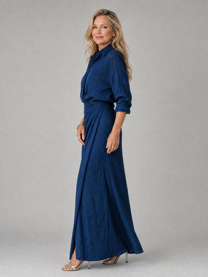 Simone | Maxi-jurk in jeansblauw met wikkelrok