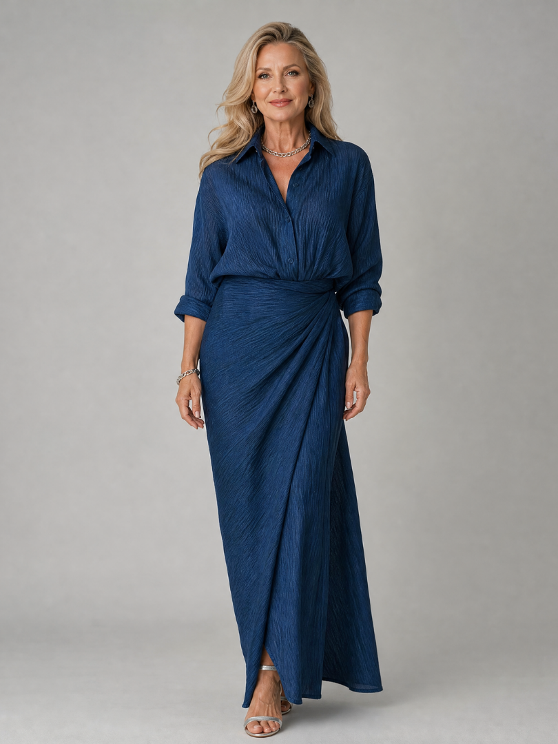 Simone | Maxi-jurk in jeansblauw met wikkelrok
