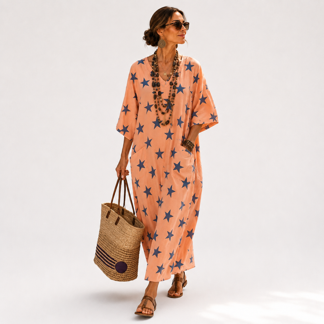 Sjoukje | Koraalkleurige kaftan met sterrenmotief