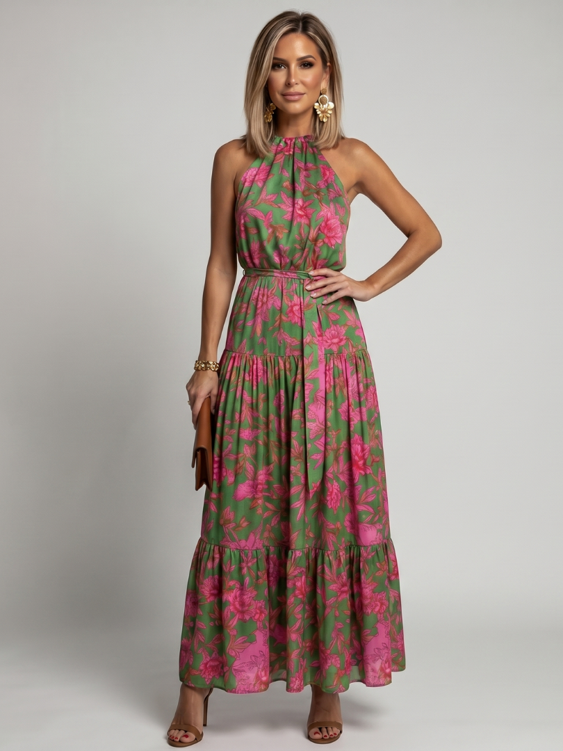 Sonja | Midi-jurk met bloemenprint in groen en roze