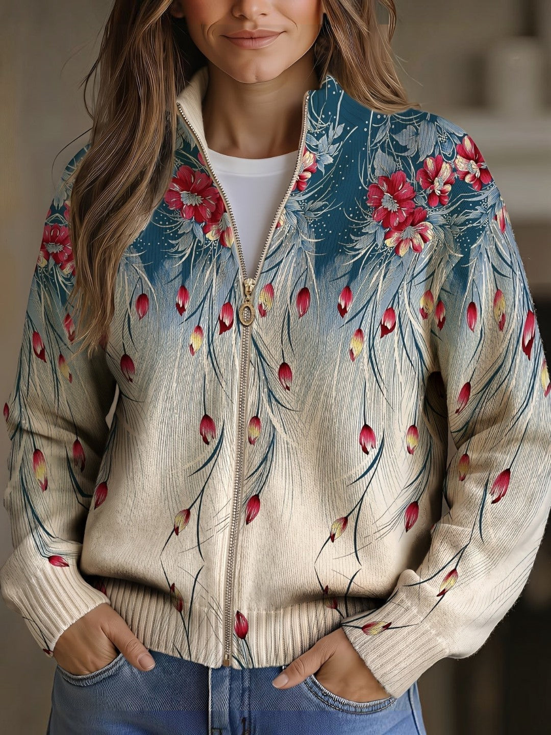 Sylvia | Vest met pauwenveermotief