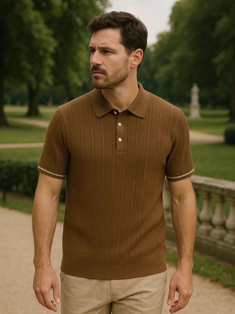 Ton | Bruine polo met reliëfstructuur