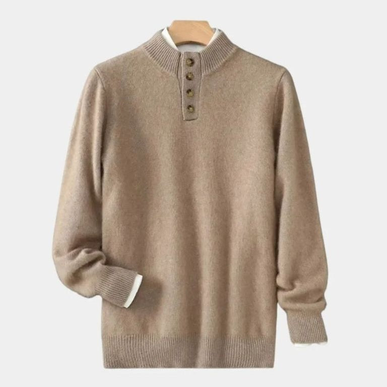 Wolter | Beige gebreide trui met henleykraag