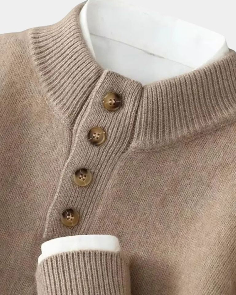 Wolter | Beige gebreide trui met henleykraag