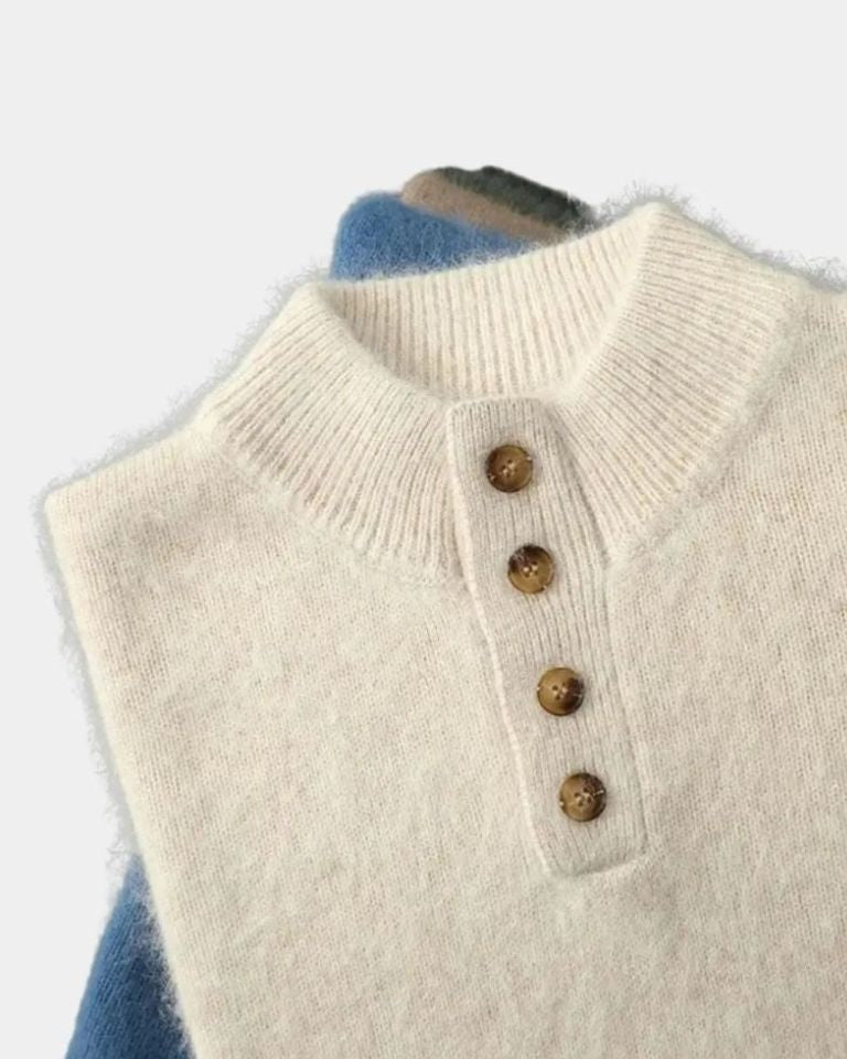 Wolter | Beige gebreide trui met henleykraag