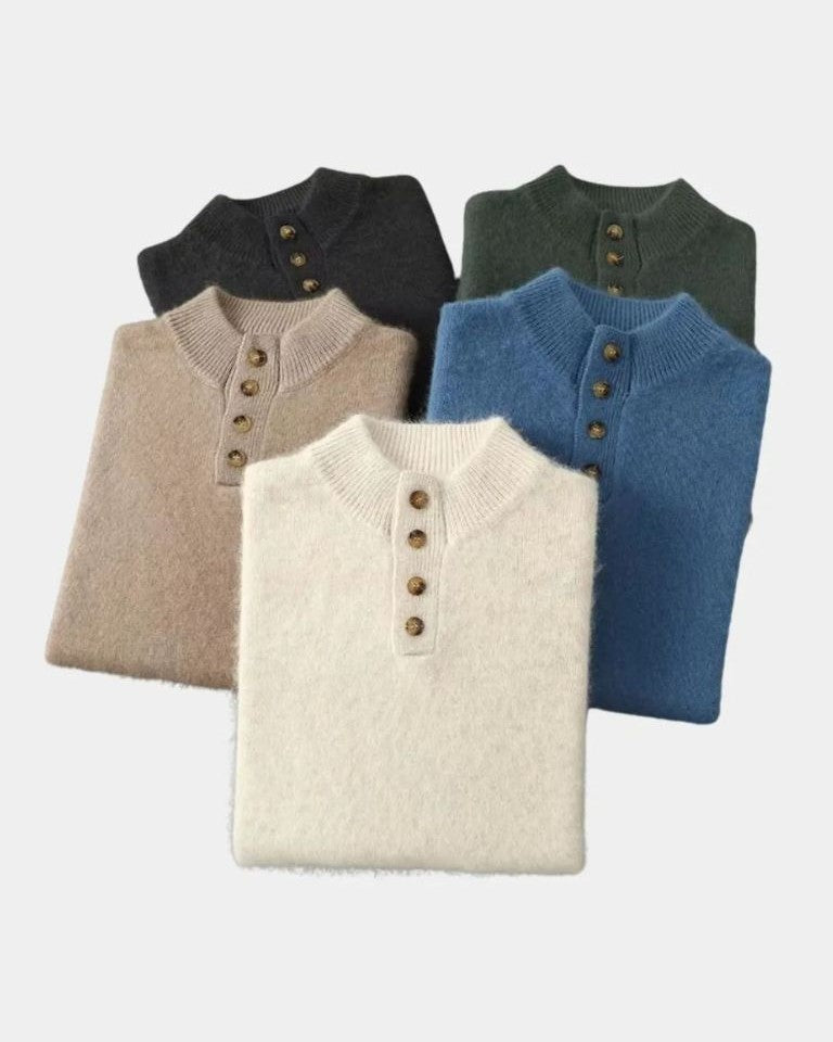 Wolter | Beige gebreide trui met henleykraag