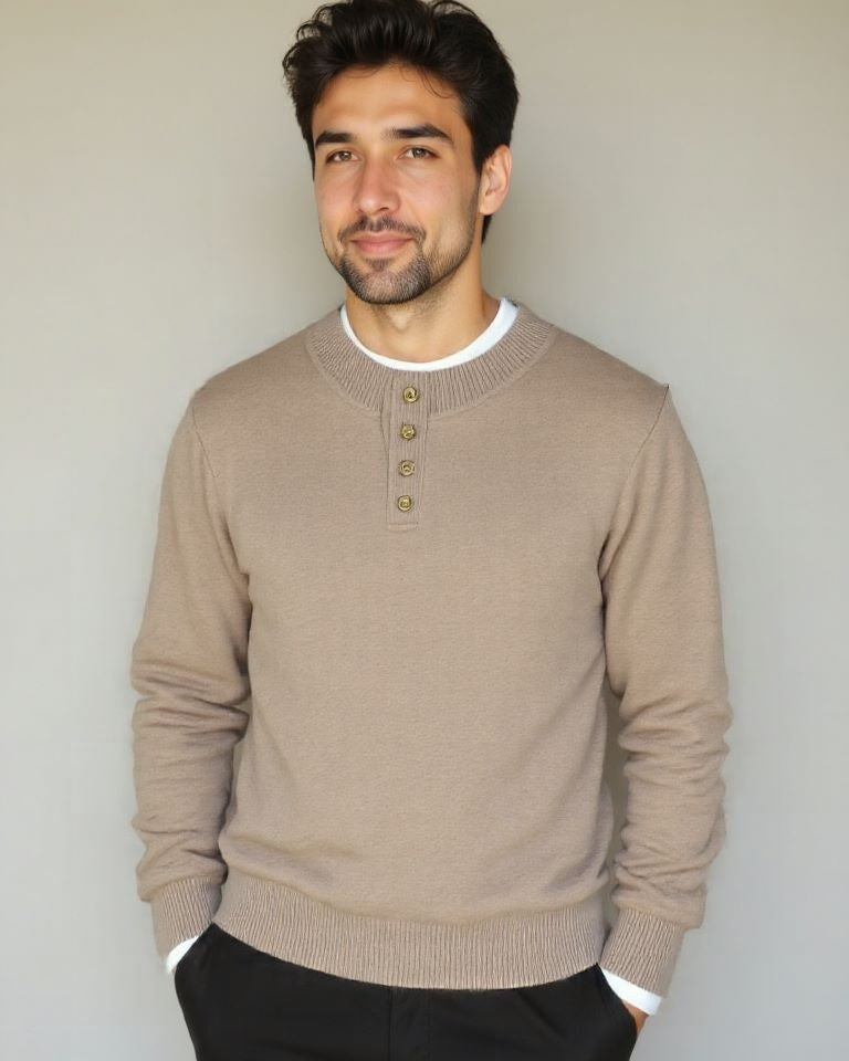 Wolter | Beige gebreide trui met henleykraag
