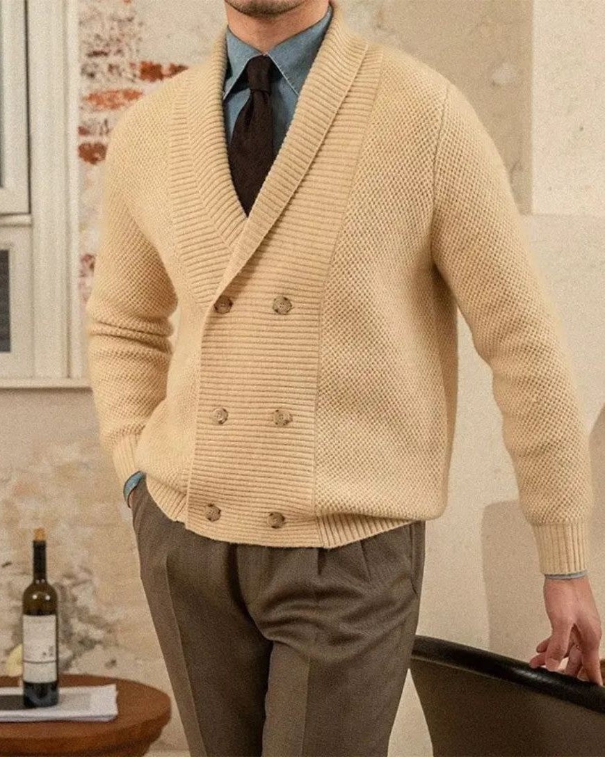 Emiel | Beige vest met sjaalkraag en dubbele knoopsluiting