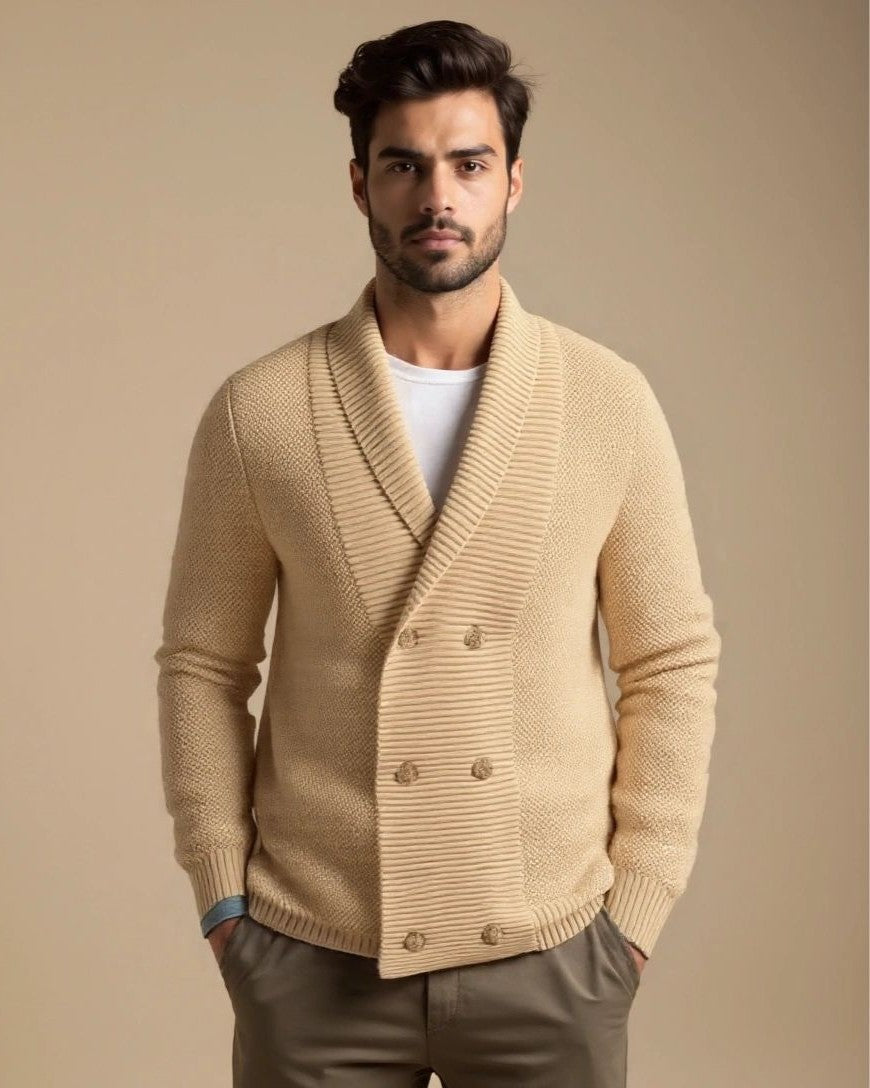 Emiel | Beige vest met sjaalkraag en dubbele knoopsluiting