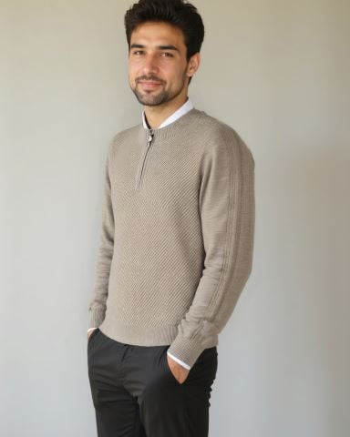 Vincent | Taupe trui met halve rits