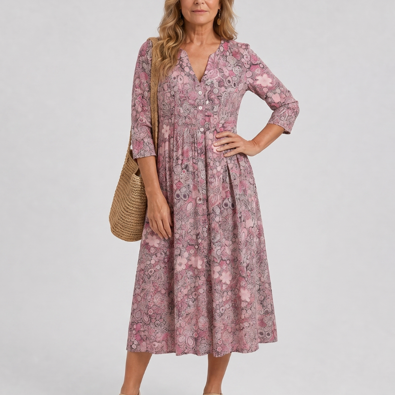 Wietske | Midi-jurk met strooibloemen in beige