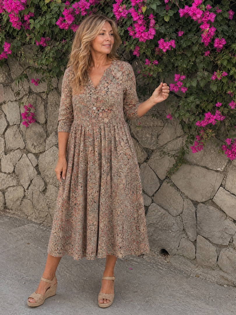 Wietske | Midi-jurk met strooibloemen in beige