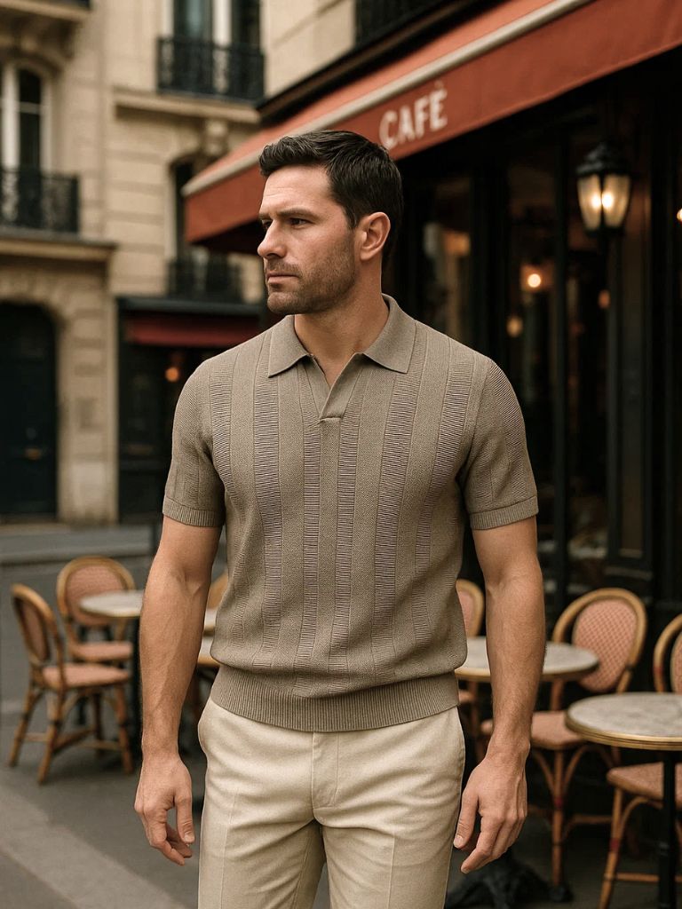 Zeno | Beige gebreide polo met structuur