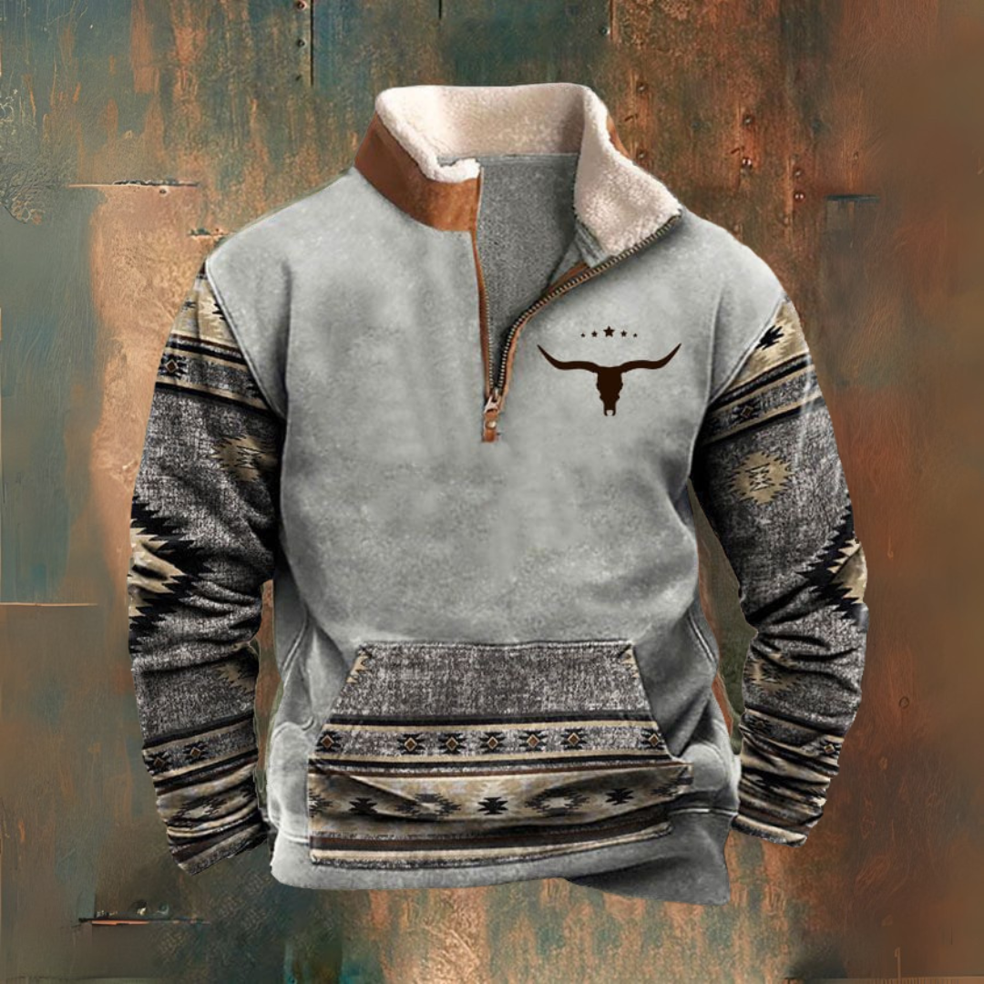 Finn | Grijze sweater met dessin en halve rits
